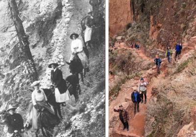 从左到右:地质学学生在大峡谷与弗洛伦斯·巴斯科姆和学生们的重建照片(左), 1906(右).