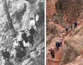 从左到右:地质学学生在大峡谷与弗洛伦斯·巴斯科姆和学生们的重建照片(左), 1906(右).