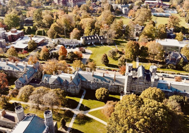 Drone shot of campus in the fall