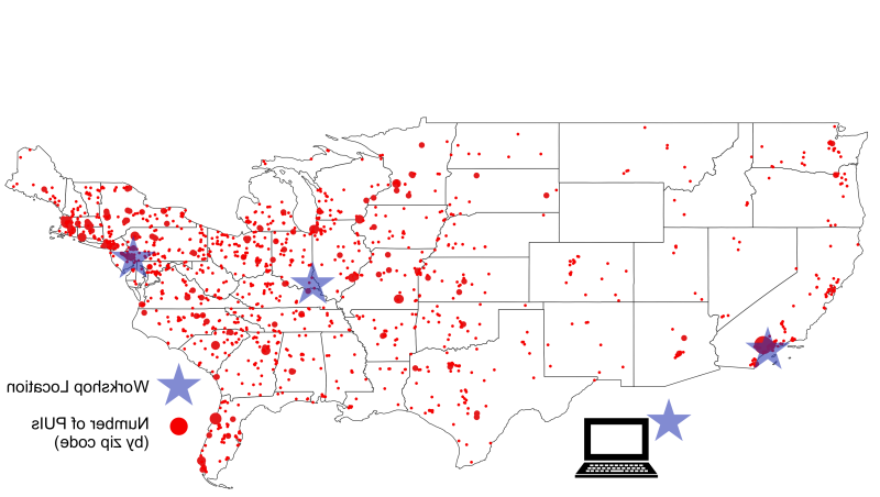 美国大陆的地图用红点表示每个新兴的研究机构，并开始表示亲自的车间位置.