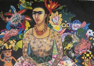 Central figure in voluminous dress depicting artist in the guise of Frida Kahlo