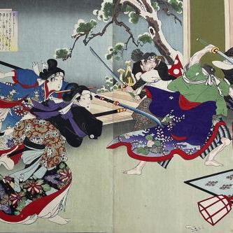 Elaborately clad figures fight with swords within an interior. 