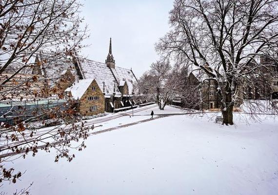 Snow-covered Goodhart Hall