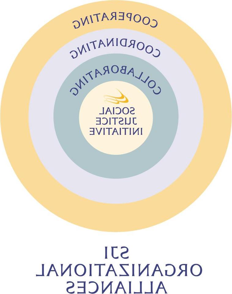 中心有SJI标志的同心圆. 第二个环写着“合作”,第三环是“协调”,外圈写着“合作”。