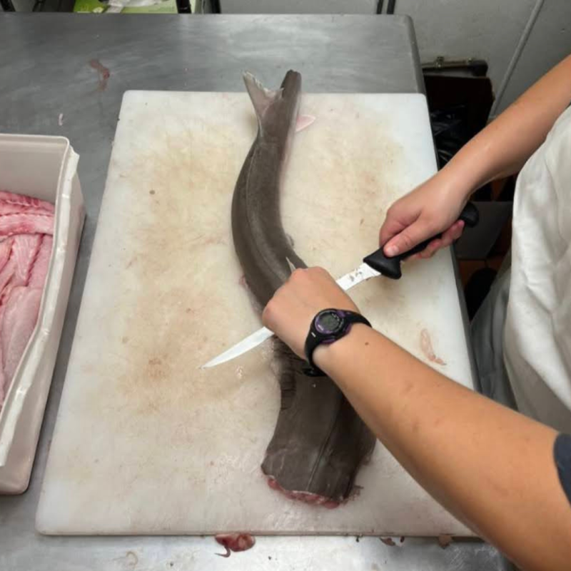 Hands filleting a fish on a cutting board. 