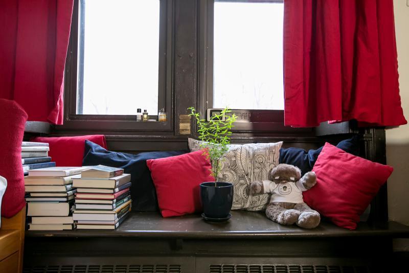 Dorm window seat with pillows