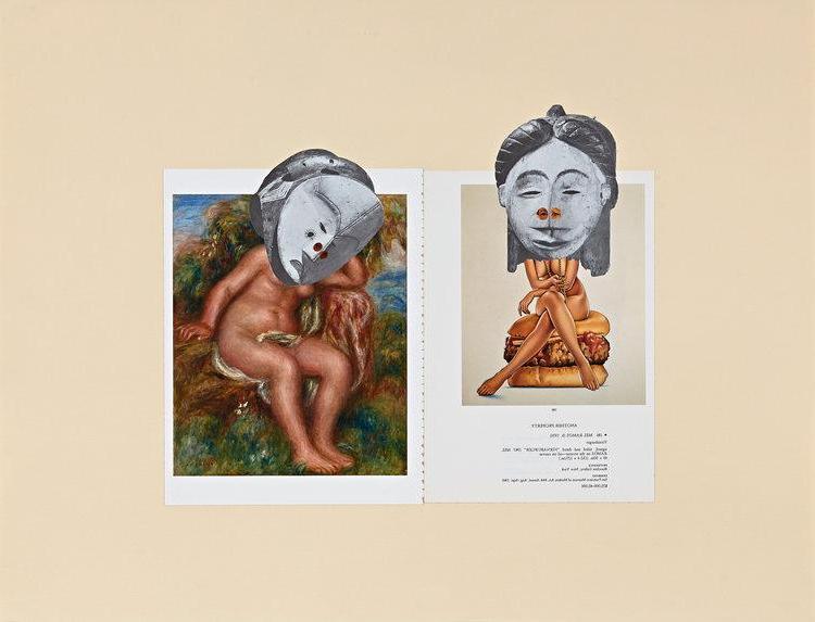 艺术目录页的拼贴双联画, 把非洲面具贴在裸体画的脸上……