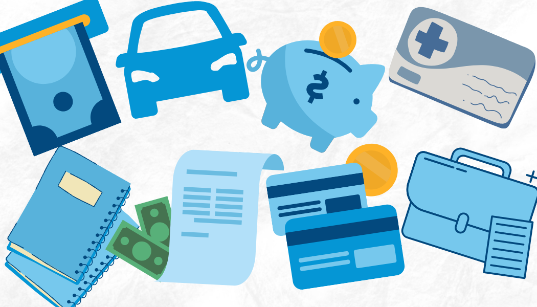 image of health insurance card, piggy bank, car, money, briefcase, credit cards, coins, contract and books. All items represent what it means to become an adult